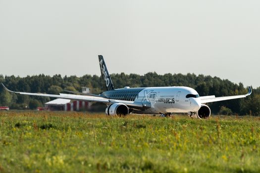 August 30, 2019. Zhukovsky, Russia. long-range wide-body twin-engine passenger aircraft Airbus A350-900 XWB Airbus Industrie at the International Aviation and Space Salon MAKS 2019.