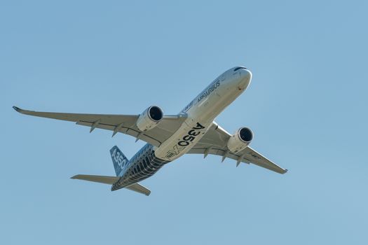 August 30, 2019. Zhukovsky, Russia. long-range wide-body twin-engine passenger aircraft Airbus A350-900 XWB Airbus Industrie at the International Aviation and Space Salon MAKS 2019.