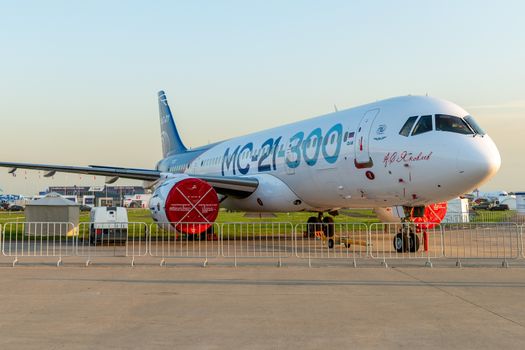 August 30, 2019. Zhukovsky, Russia. Promising Russian medium-range narrow-body passenger aircraft Irkut MC-21 at the International Aviation and Space Salon MAKS 2019.