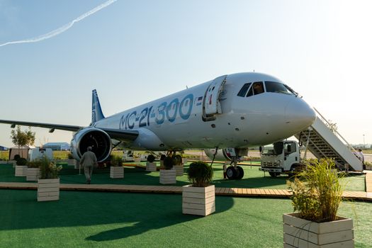 August 30, 2019. Zhukovsky, Russia. Promising Russian medium-range narrow-body passenger aircraft Irkut MC-21 at the International Aviation and Space Salon MAKS 2019.