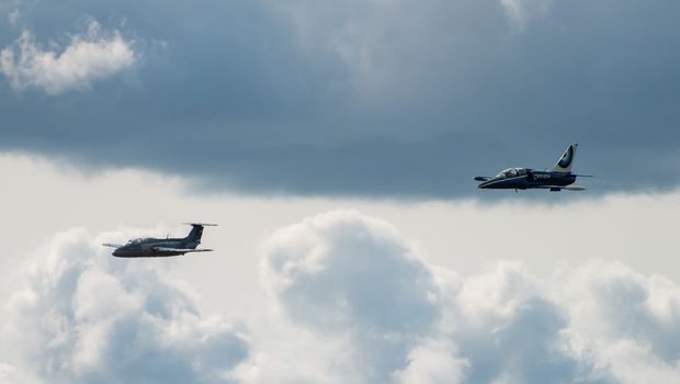 September 12, 2020, Kaluga region, Russia. Training aircraft Aero L-39 Albatros and Aero L-29 Delfin perform a training flight at the Oreshkovo airfield.