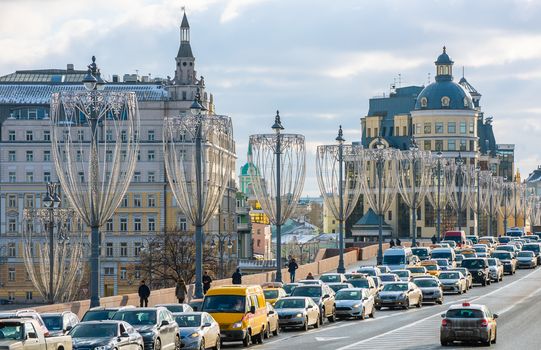 February 5, 2020 Moscow, Russia, Traffic jam on the Bolshoy Moskvoretsky bridge in Moscow.