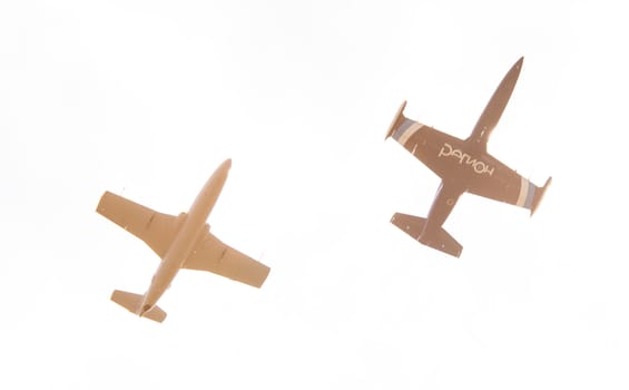 September 12, 2020, Kaluga region, Russia. Training aircraft Aero L-39 Albatros and Aero L-29 Delfin perform a training flight at the Oreshkovo airfield.