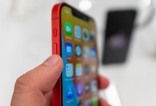 October 23, 2020, Moscow, Russia. New smartphone from Apple Iphone 12 on the counter of the store.