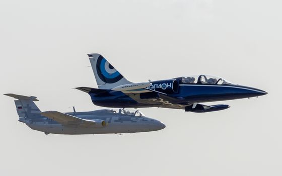 September 12, 2020, Kaluga region, Russia. Training aircraft Aero L-39 Albatros and Aero L-29 Delfin perform a training flight at the Oreshkovo airfield.