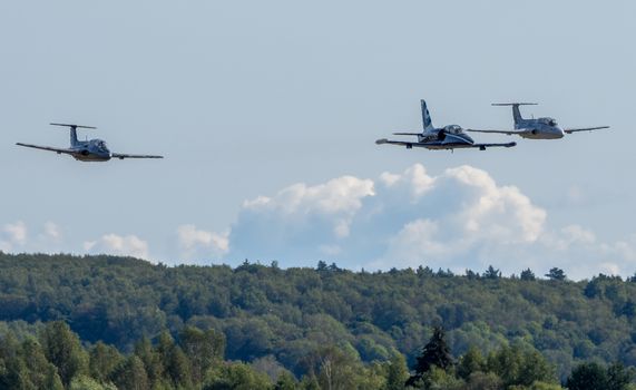 September 12, 2020, Kaluga region, Russia. Training aircraft Aero L-39 Albatros and Aero L-29 Delfin perform a training flight at the Oreshkovo airfield.