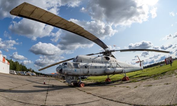 September 12, 2020, Kaluga region, Russia.  Military transport helicopter (flying crane) Mil Mi-10 at the Oreshkovo airfield.