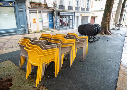 BAYONNE, FRANCE - MARCH 16, 2019: Closed cafe because of the outbreak of Coronavirus and the subsequent lockdown.