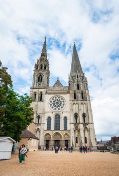 CHARTRES, FRANCE - CIRCA JUNE 2020: Chartres Cathedral, also called Cathedral of Our Lady of Chartres. High resolution vertical panorama.