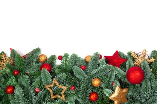 Christmas design boder frame greeting card of noble fir tree branches and red baubles isolated on white background