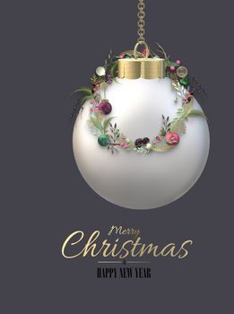 Beautiful Christmas background with 2D realistic Xmas ball bauble, Xmas floral wreath on dark grey gray background. Golden text Merry Christmas Happy New Year. 3D illustration. Holiday festive design