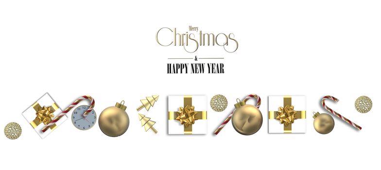 Christmas holiday border with 3D realistic golden Xmas symbols on white. Shiny gold ball bauble, gold abstract tree, Xmas cane, gift boxes with golden bow. 3D render. Horizontal holiday festive border