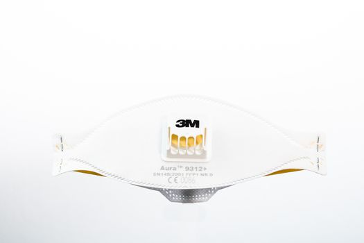 3M Aura filtering respirator face mask. Isolated medical mask in Bucharest, Romania, 2020