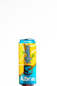 Albrau Radler Beer from Romanian local brewery isolated. Detail photo of beer can in Bucharest, Romania, 2020