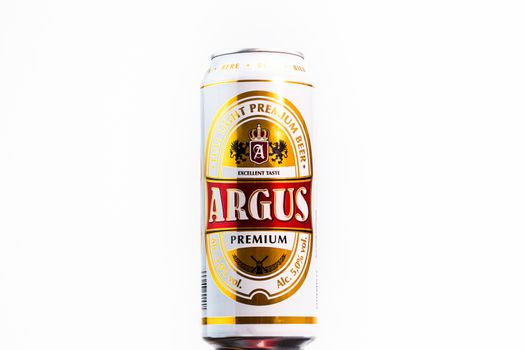 Argus Premium Lager beer. Lild supermarket own brand beer. Studio photo shoot in Bucharest, Romania, 2020