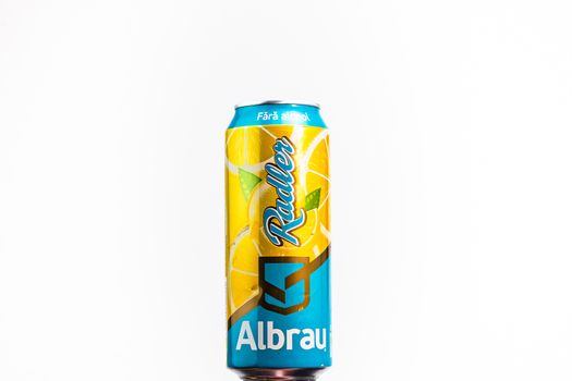 Albrau Radler Beer from Romanian local brewery isolated. Detail photo of beer can in Bucharest, Romania, 2020