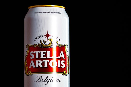 Great Belgium beer - Stella Artois. Belgium Premium Lager beer can. Studio photo shoot in Bucharest, Romania, 2020