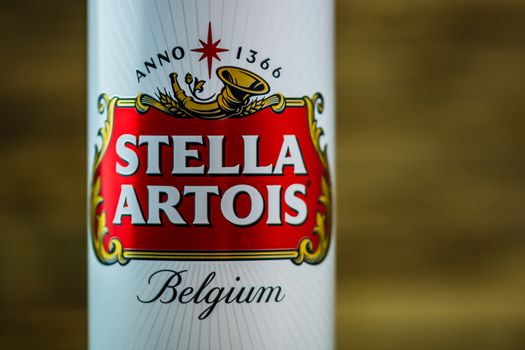 Great Belgium beer - Stella Artois. Belgium Premium Lager beer can. Studio photo shoot in Bucharest, Romania, 2020