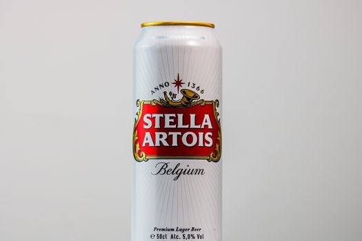 Great Belgium beer - Stella Artois. Belgium Premium Lager beer can. Studio photo shoot in Bucharest, Romania, 2020