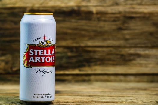 Great Belgium beer - Stella Artois. Belgium Premium Lager beer can. Studio photo shoot in Bucharest, Romania, 2020