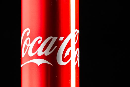 Editorial photo of classic Coca-Cola can on black background. Studio shot in Bucharest, Romania, 2020