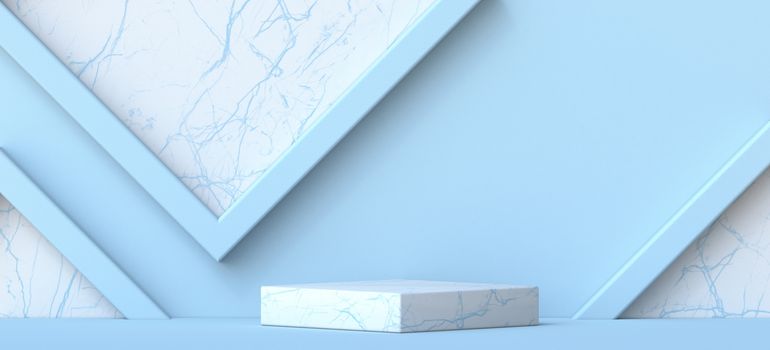 Mock up podium for product presentation with diagonal rectangles 3D render illustration on blue background
