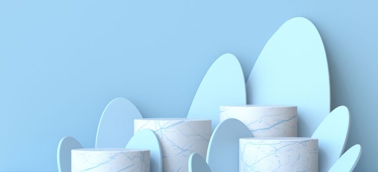 Mock up white marble podiums for product presentation with blue ellipses 3D render illustration on blue background