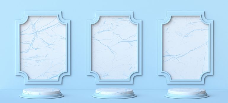 Three mock up podiums for product presentation in front of vintage wall decoration frames 3D render illustration on blue background