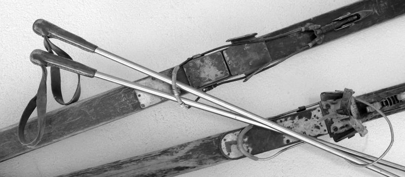 Old ski and ski poles, black and white