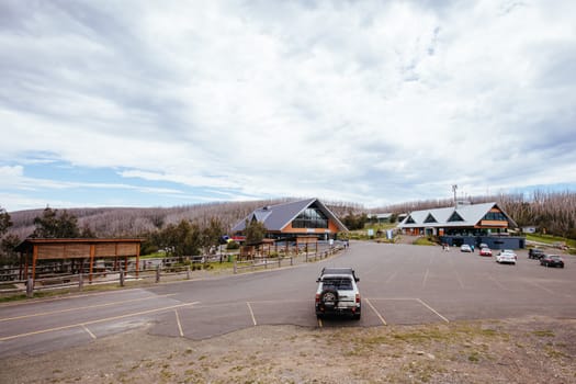 Lake Mountain, Australia - November 15, 2020: Lake Mountain resort buildings and infrastructure during summer in Victoria, Australia