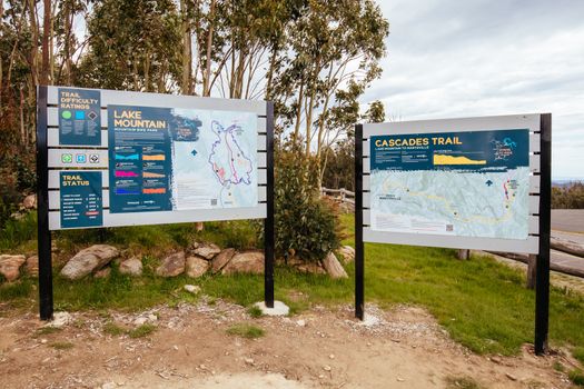 Lake Mountain, Australia - November 15, 2020: The popular Lake Mountain bike park with Cascades Trail near Marysville in Victoria, Australia