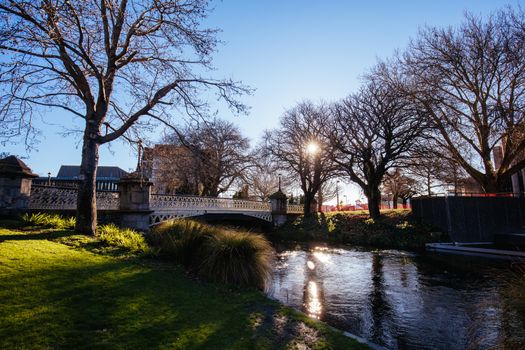 Landscape around the River Avon and Victoria Square in Christchurch on a warm spring day in New Zealand