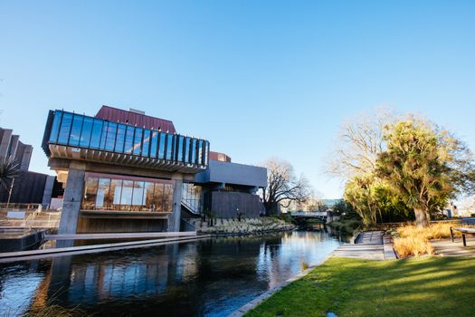 Landscape around the River Avon and Victoria Square in Christchurch on a warm spring day in New Zealand
