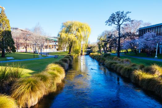 Landscape around the River Avon and Victoria Square in Christchurch on a warm spring day in New Zealand
