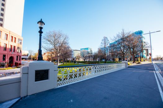 Landscape around the River Avon and Victoria Square in Christchurch on a warm spring day in New Zealand