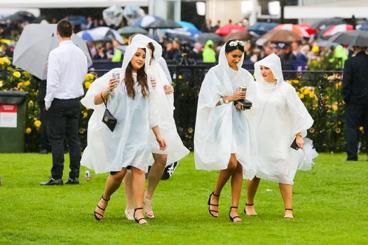 MELBOURNE, AUSTRALIA - NOVEMBER 2: Drunk punters at the end of Derby Day at the 2019 Melbourne Cup Carnival at Flemington Racecourse in Melbourne Australia