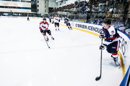 MELBOURNE, AUSTRALIA - JUNE 21: Johnny Austin of USA in the 2019 Ice Hockey Classic in Melbourne, Australia