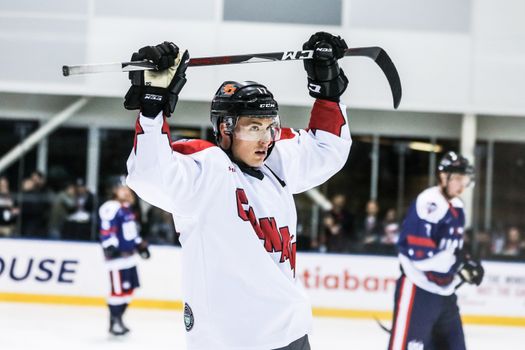 MELBOURNE, AUSTRALIA - JUNE 21: Strat Allen of Canada celebrates scoring in the 2019 Ice Hockey Classic in Melbourne, Australia