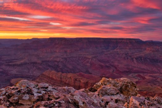 Dramatic sunset sky over Grand Canyon national park on south rim. Beauty in nature.