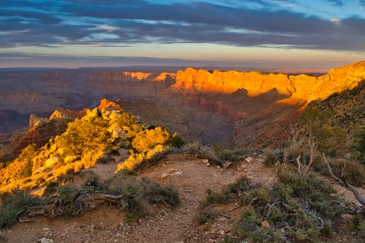 Dramatic sunset sky over Grand Canyon national park on south rim. Beauty in nature.