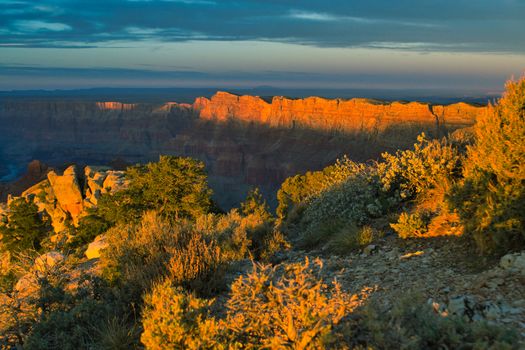 Dramatic sunset sky over Grand Canyon national park on south rim. Beauty in nature.