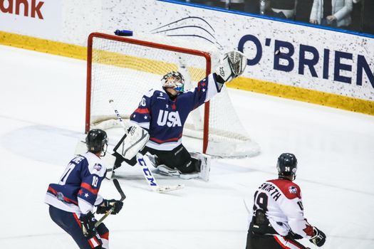 MELBOURNE, AUSTRALIA - JUNE 21: Max Strang of USA stops a shot in the 2019 Ice Hockey Classic in Melbourne, Australia