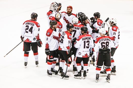 MELBOURNE, AUSTRALIA - JUNE 21: Canada celebrates winning in the 2019 Ice Hockey Classic in Melbourne, Australia