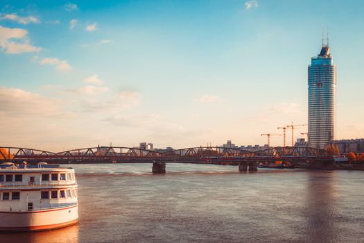 View of Vienna from the bridge on the river Danube.