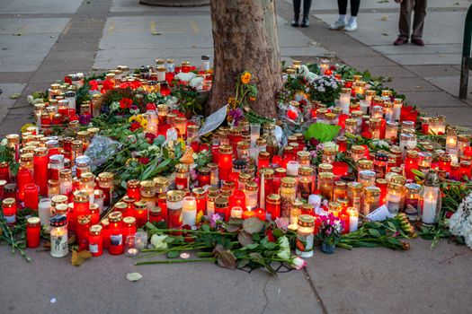 Vienna, Austria - 11.05.2020: Candles and flowers at the site of the November terrorist attack in Vienna.