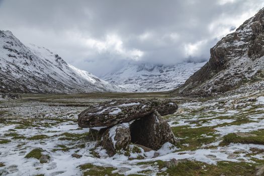 Dolmen of the Aguas Tuertas valley, an ancient construction from the Stone Age or the Bronze Age, made up of huge limestone rocks. Aragonese Pyrenees, Huesca, Spain.