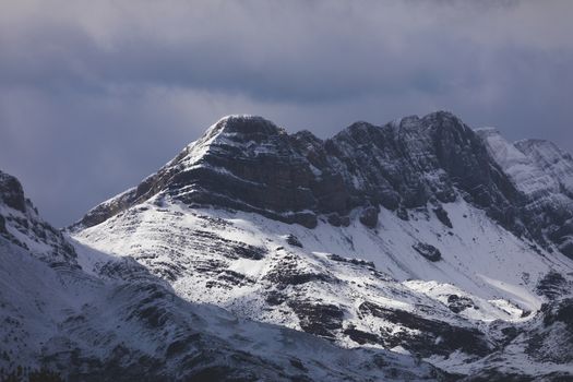 Snowy mountains landscape in the Aragonese Pyrenees. Aguas Tuertas valley, Hecho and Anso, Huesca, Spain.