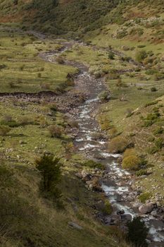 Meanders and curves of the Aragon Subordan River. Aragonese Pyrenees, near of Aguas Tuertas valley, Hecho and Anso, Huesca, Spain.