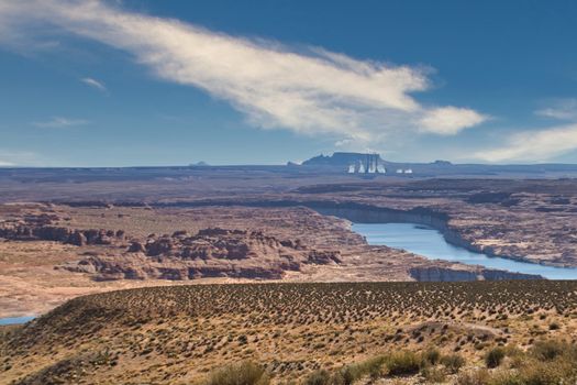 View on Colorado river and Navajo Generating Station electricity power plant near lake powell and page.