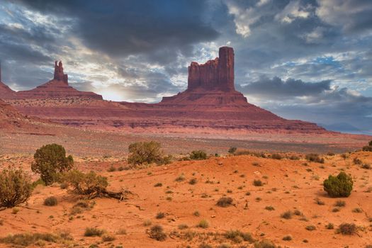 Monument valley dramatic landscape. Colorado Plateau on the Arizona Utah border in the United States. Travel and Tourism.